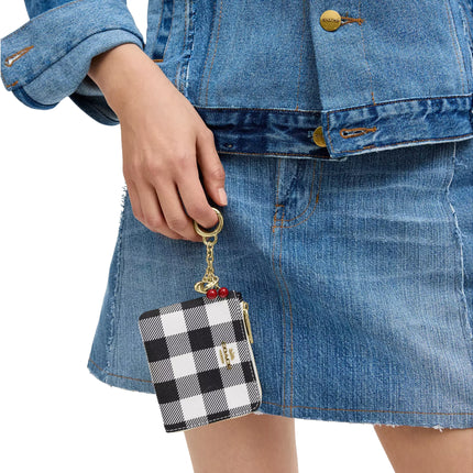 Coach Women's Small Corner Zip Wallet With Gingham Print And Charms Gold/Black Multi