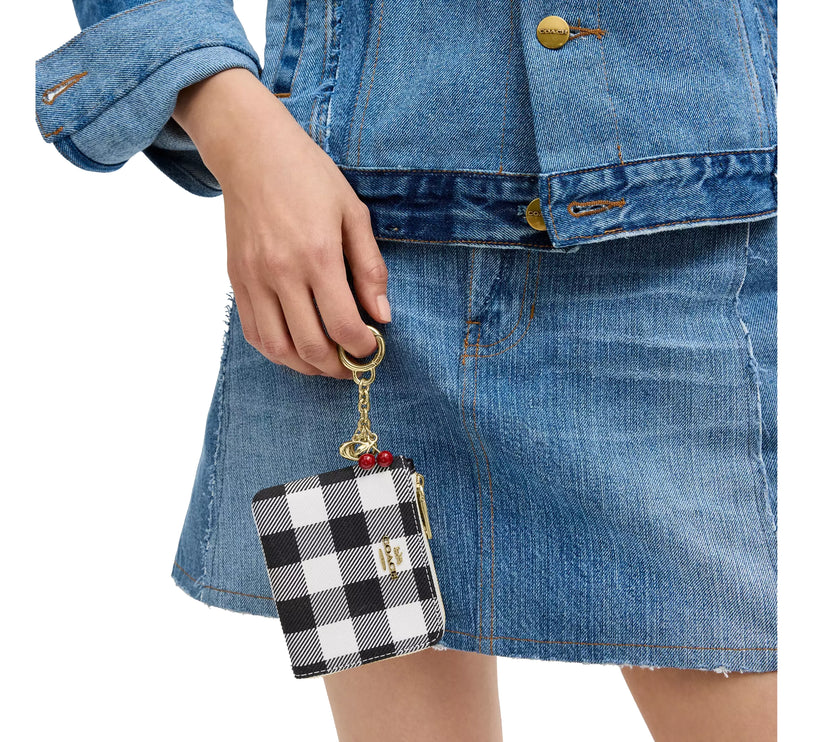 Coach Women's Small Corner Zip Wallet With Gingham Print And Charms Gold/Black Multi