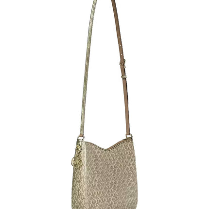 Michael Kors Women's Nayla Medium Metallic Signature Logo Messenger Bag Pale Gold
