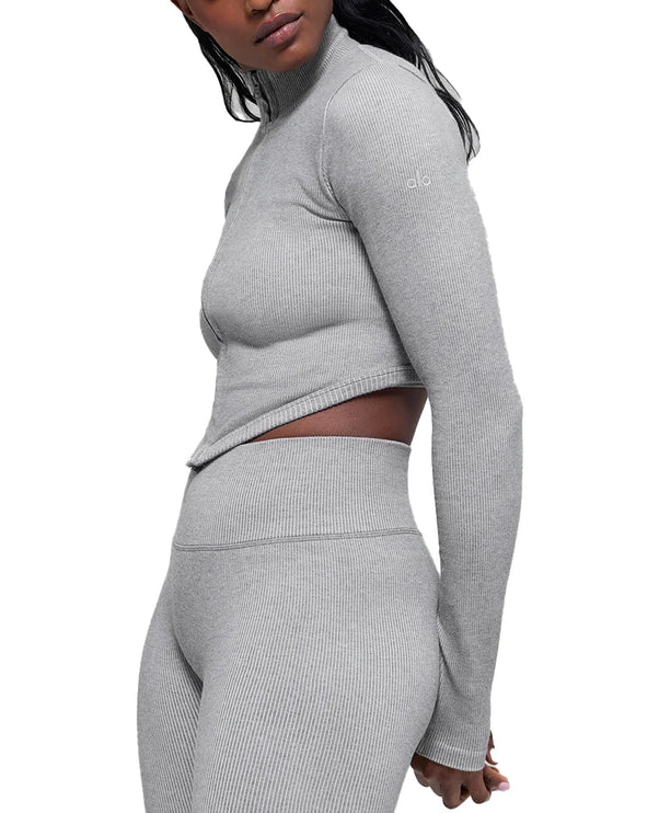 alo Women's Seamless Two Tone Rib Jacket Light Misty Grey Heather