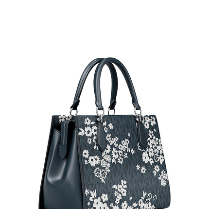 Michael Kors Women's Marilyn Medium Printed Signature Logo Satchel Bag Admiral/Silver