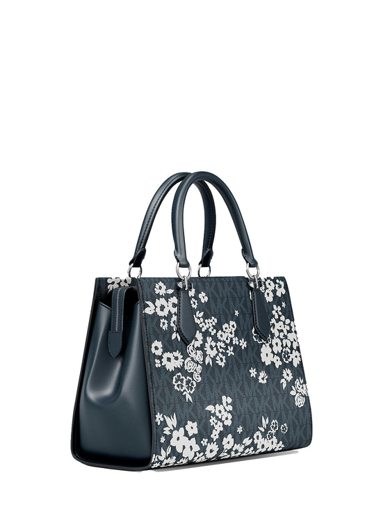 Michael Kors Women's Marilyn Medium Printed Signature Logo Satchel Bag Admiral/Silver