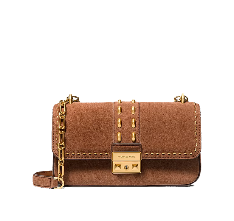 Michael Kors Women's Tribeca Small Studded Suede Shoulder Bag Luggage/Gold