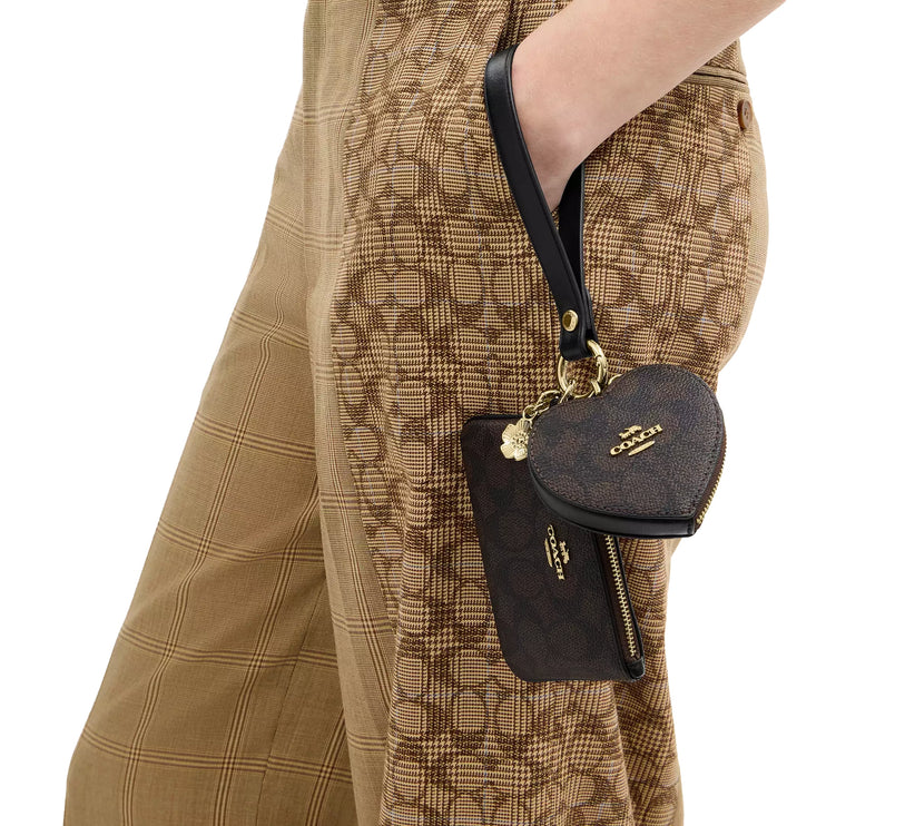 Coach Women's Wristlet And Heart Pouch In Signature Canvas With Charm Gold/Walnut/Black
