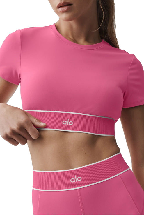 alo Women's ALO Softsculpt Amp It Up Short Sleeve Bra Paradise Pink
