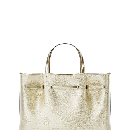 Michael Kors Women's Carson Medium Metallic Logo Debossed Satchel Bag Pale Gold