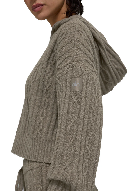 alo Women's Cable Knit Winter Bliss Hoodie Light Cocoa