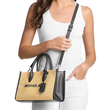 Michael Kors Women's Mirella Medium Woven Satchel Bag Black/Silver