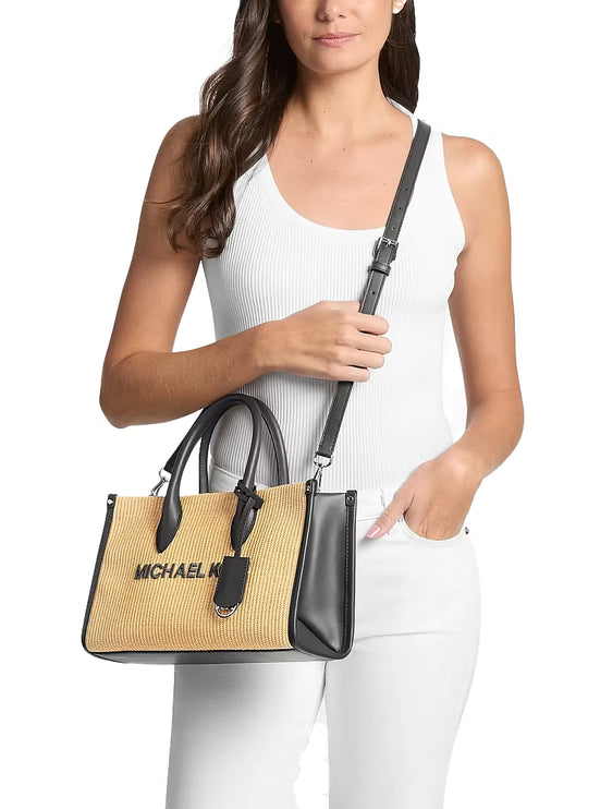 Michael Kors Women's Mirella Medium Woven Satchel Bag Black/Silver