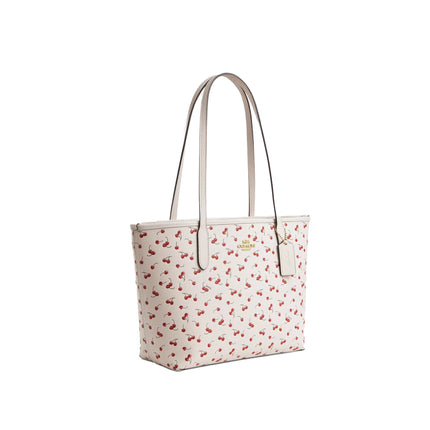 Coach Women's Medium City Tote Bag With Cherry Print Gold/Chalk Multi