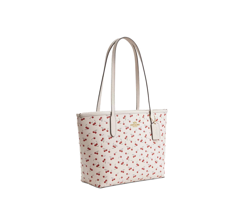 Coach Women's Medium City Tote Bag With Cherry Print Gold/Chalk Multi