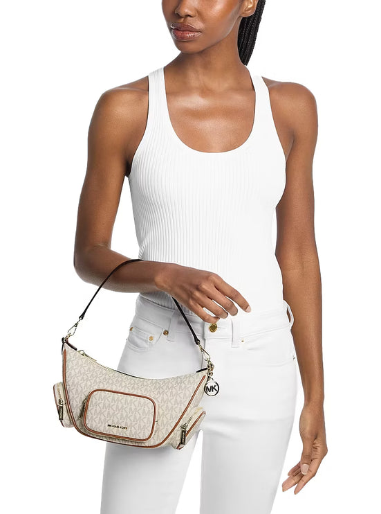 Michael Kors Women's Merritt Small Signature Logo Convertible Shoulder Bag Vanilla/Gold