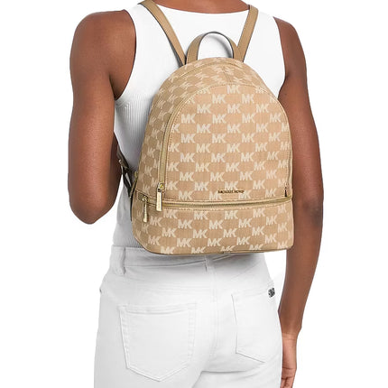 Michael Kors Women's Rhea Medium Logo Jacquard Denim Backpack Camel/Gold