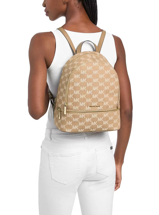 Michael Kors Women's Rhea Medium Logo Jacquard Denim Backpack Camel/Gold