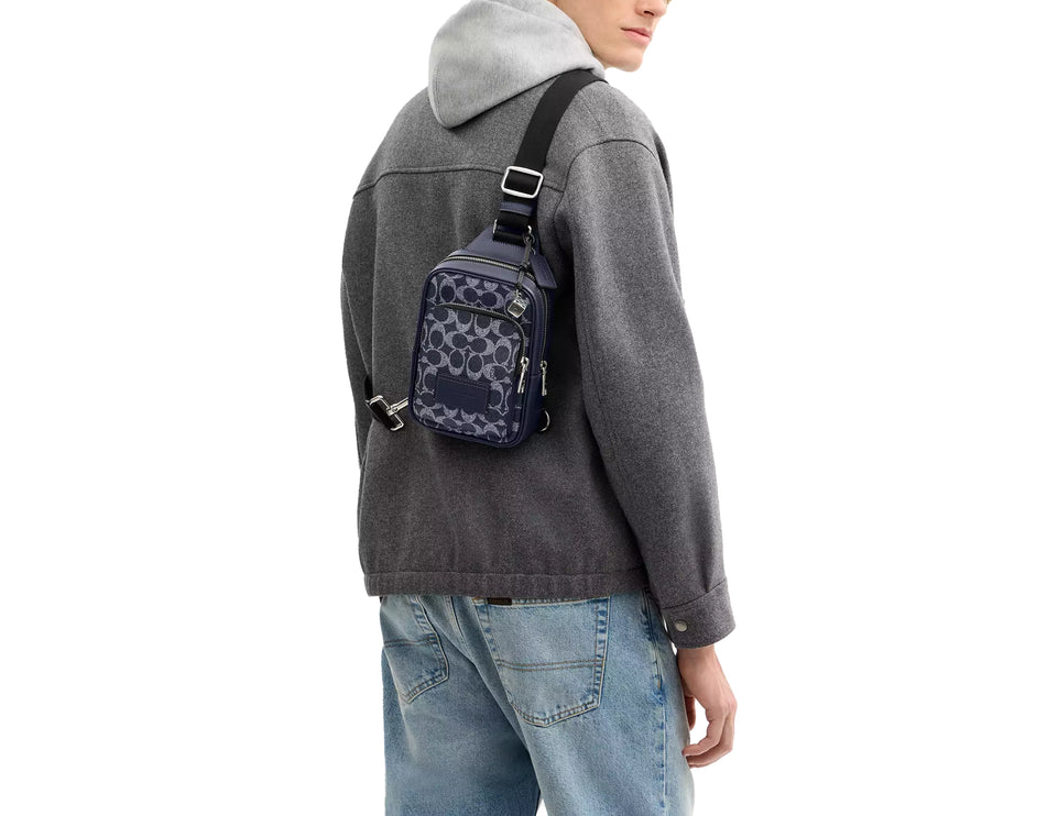 Coach Unisex Racer Sling Pack In Signature Canvas With Charms Silver/Denim Chalk
