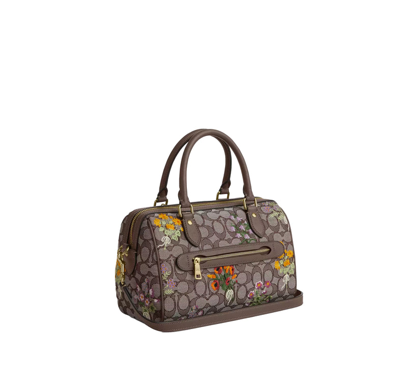 Coach Women's Rowan Satchel Bag In Signature Jacquard With Floral Embroidery Gold/Oak Multi