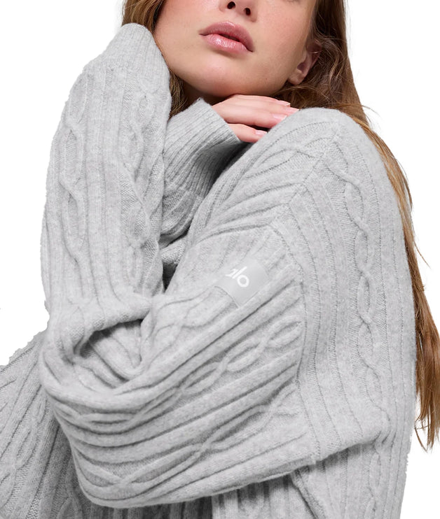 alo Women's Cable Knit Winter Bliss Cardigan Athletic Heather Grey