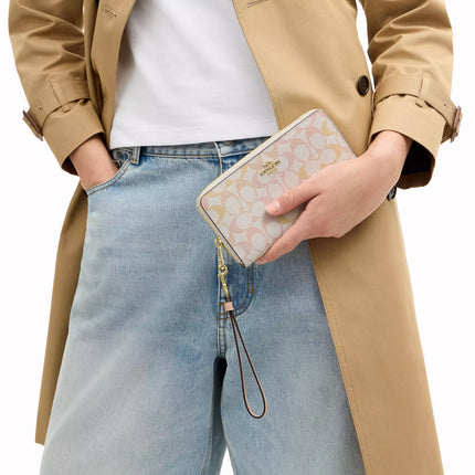 Coach Women's Long Zip Around Wallet In Pretty Signature Canvas Gold/Chalk/Pink