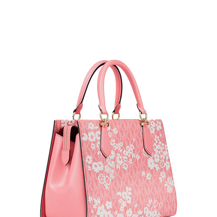 Michael Kors Women's Marilyn Medium Printed Signature Logo Satchel Bag Carnation/Gold