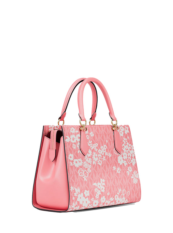 Michael Kors Women's Marilyn Medium Printed Signature Logo Satchel Bag Carnation/Gold