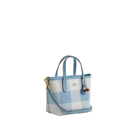 Coach Women's City Mini Tote Bag With Gingham Print And Charm Gold/Blue Multi