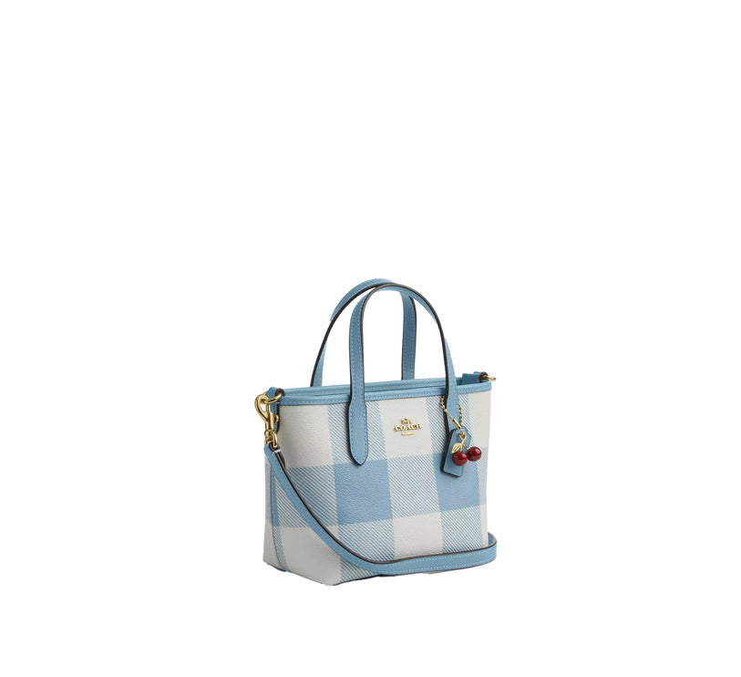 Coach Women's City Mini Tote Bag With Gingham Print And Charm Gold/Blue Multi