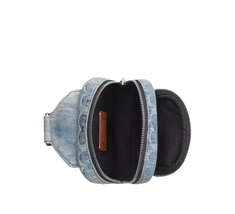 Coach Unisex Racer Sling Pack In Loved Signature Denim Silver/Light Indigo