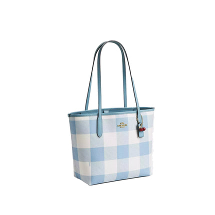 Coach Women's Medium City Tote Bag With Gingham Print And Charm Gold/Blue Multi