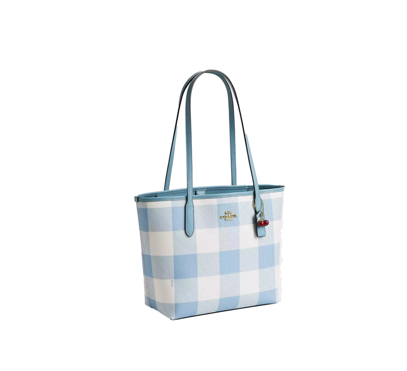 Coach Women's Medium City Tote Bag With Gingham Print And Charm Gold/Blue Multi