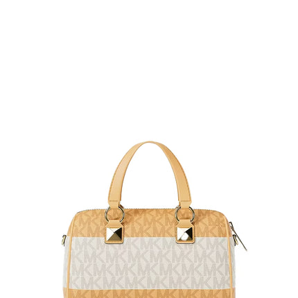 Michael Kors Women's Grayson Small Striped Signature Logo Duffel Crossbody Bag Honeywheat/Gold