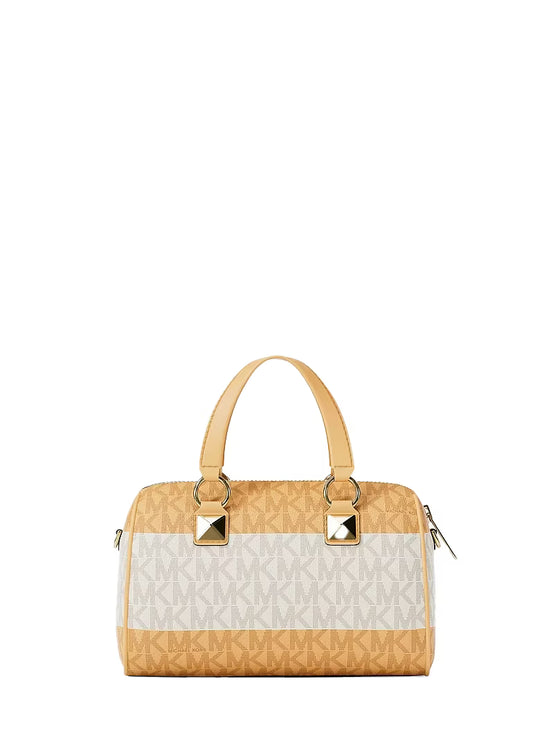 Michael Kors Women's Grayson Small Striped Signature Logo Duffel Crossbody Bag Honeywheat/Gold