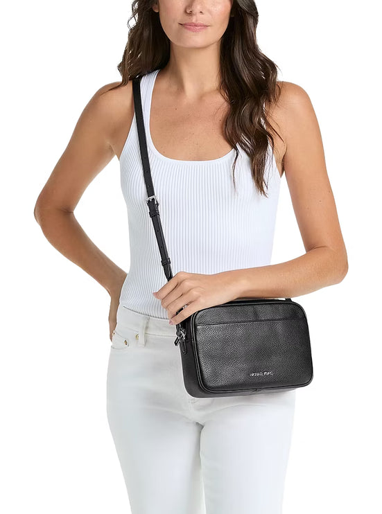 Michael Kors Women's Jet Set Large Pebbled Leather Camera Crossbody Bag Black/Silver