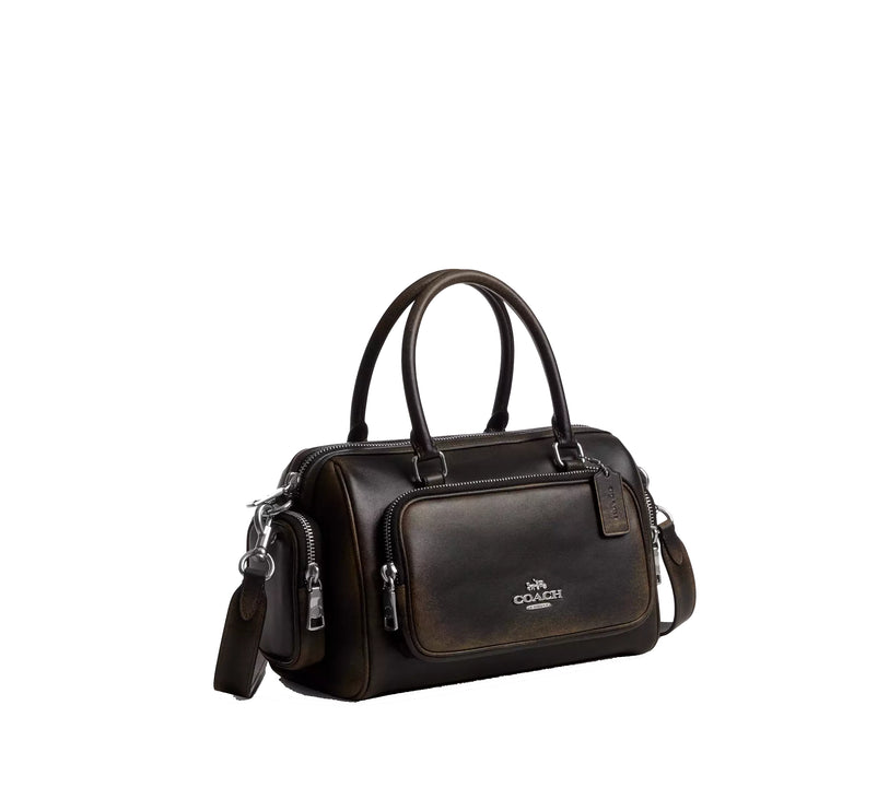 Coach Women's Rowan Satchel Bag With Pockets In Loved Leather Silver/Black Brown