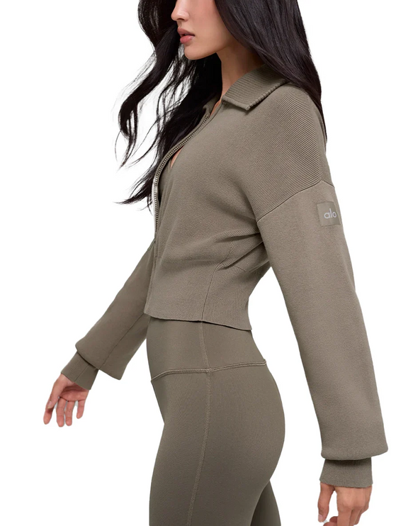 alo Women's Scholar Knit Cropped Full Zip Jacket Light Cocoa