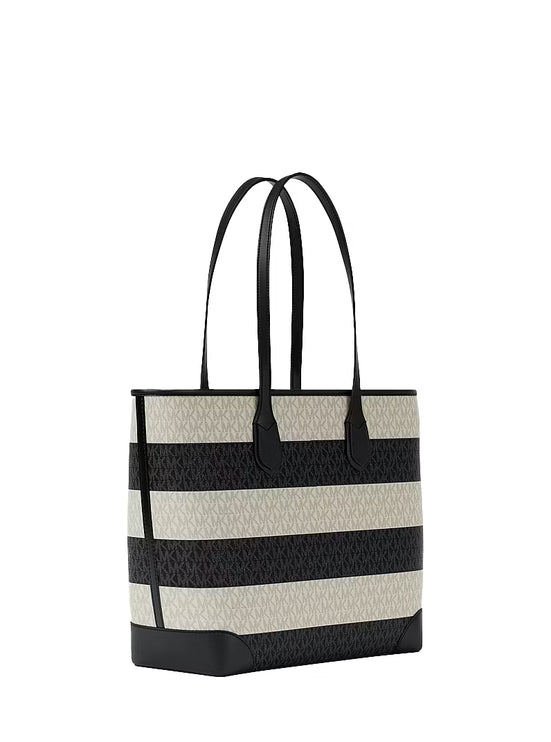 Michael Kors Women's Eva Large Striped Signature Logo Tote Bag Black/Silver