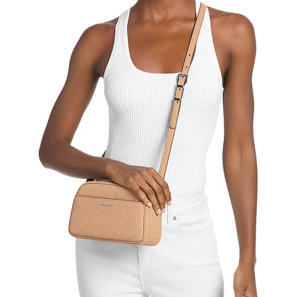 Michael Kors Women's Jet Set Small Signature Logo Camera Crossbody Bag Peanut/Silver