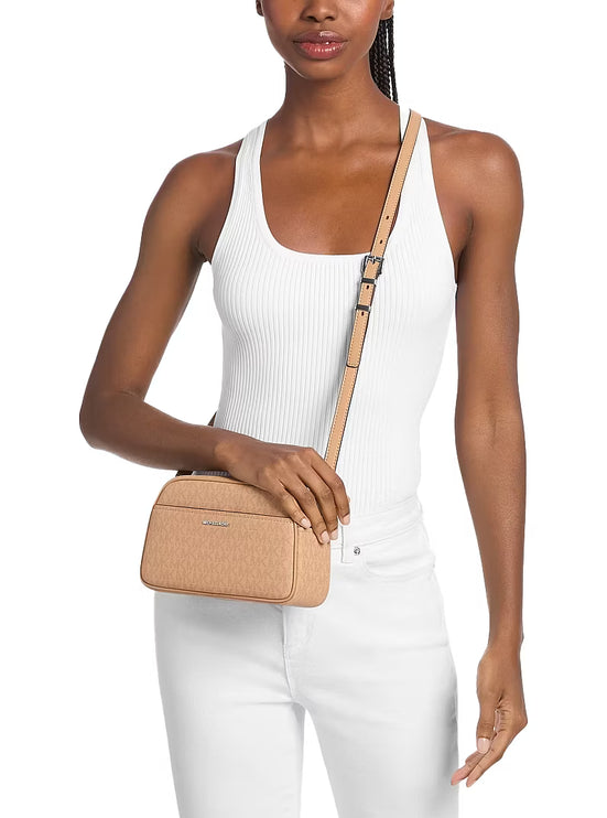 Michael Kors Women's Jet Set Small Signature Logo Camera Crossbody Bag Peanut/Silver