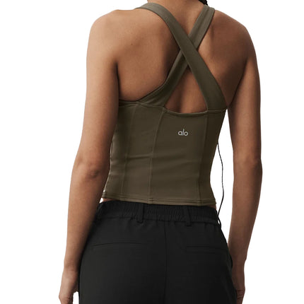 alo Women's Airbrush Sparks Fly Corset Tank Olive Tree