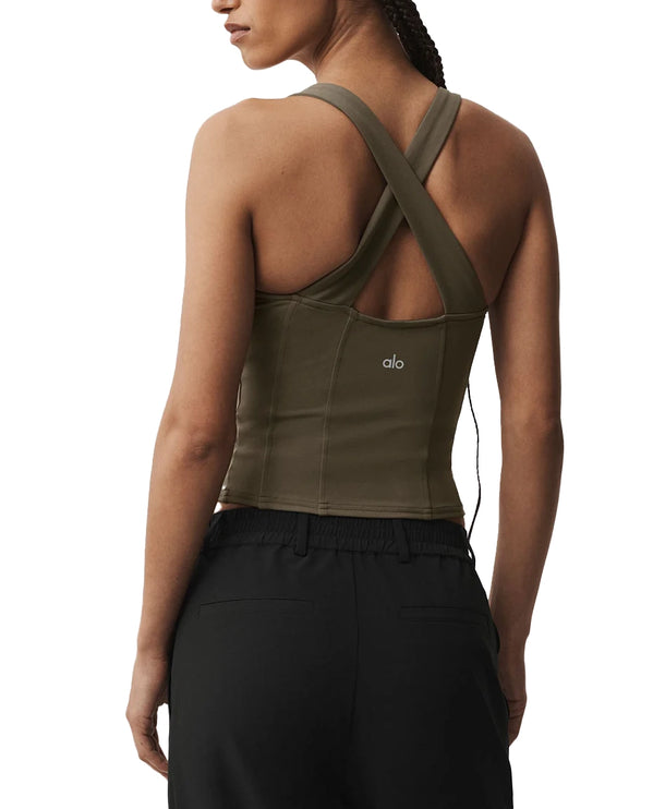 alo Women's Airbrush Sparks Fly Corset Tank Olive Tree
