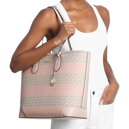 Michael Kors Women's Eva Large Striped Signature Logo Tote Bag Powder Blush/Gold