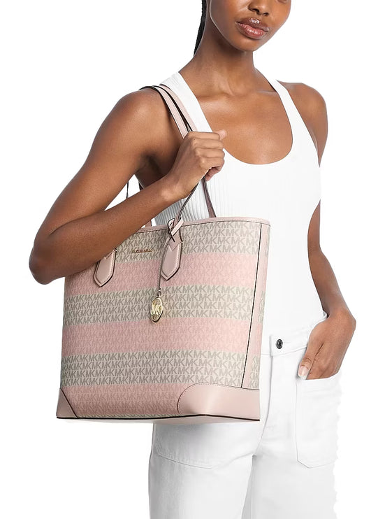 Michael Kors Women's Eva Large Striped Signature Logo Tote Bag Powder Blush/Gold
