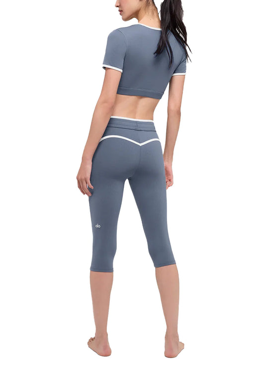 alo Women's Airbrush High-Waist Race Pace Capri Bluestone/White