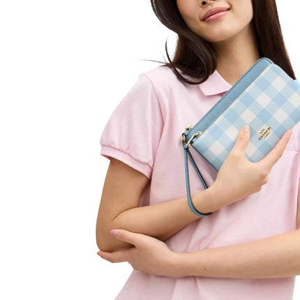 Coach Women's Double Zip Wristlet With Gingham Print Gold/Blue Multi
