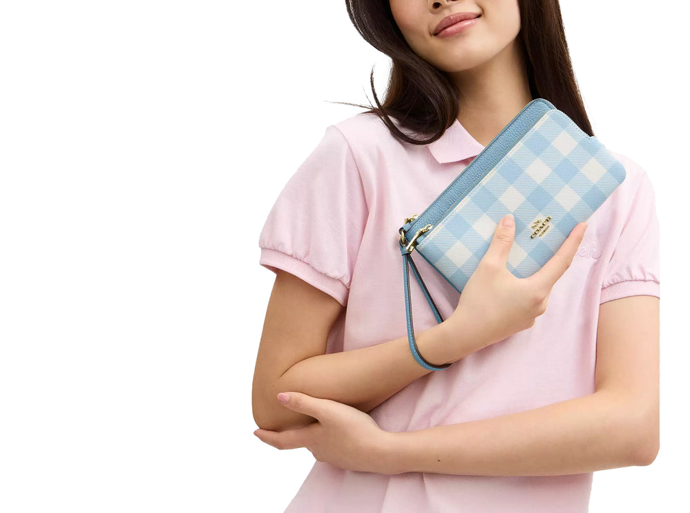 Coach Women's Double Zip Wristlet With Gingham Print Gold/Blue Multi