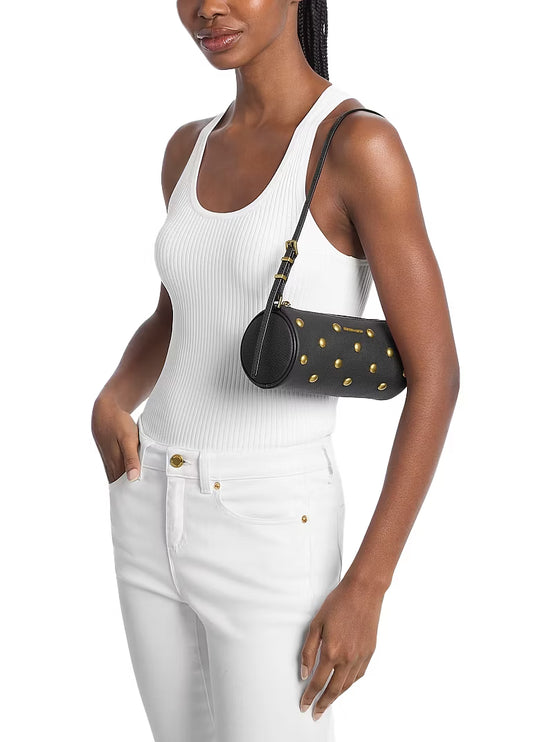 Michael Kors Women's Izzy Small Studded Pebbled Leather Barrel Pochette Black/Gold