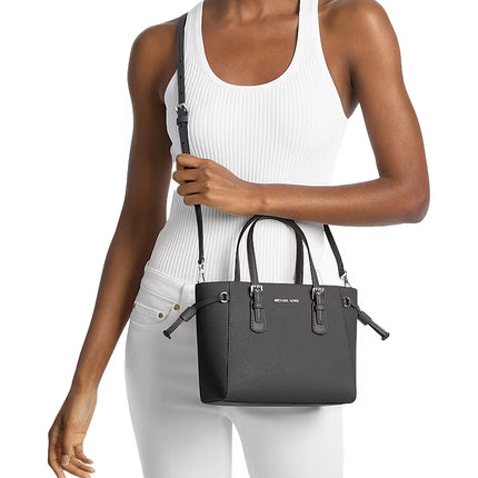 Michael Kors Women's Voyager Extra-Small Pebbled Leather Convertible Crossbody Bag Black/Silver
