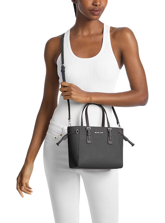 Michael Kors Women's Voyager Extra-Small Pebbled Leather Convertible Crossbody Bag Black/Silver