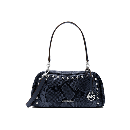 Michael Kors Women's Cecily Small Studded Snake Embossed Shoulder Bag Navy/Silver