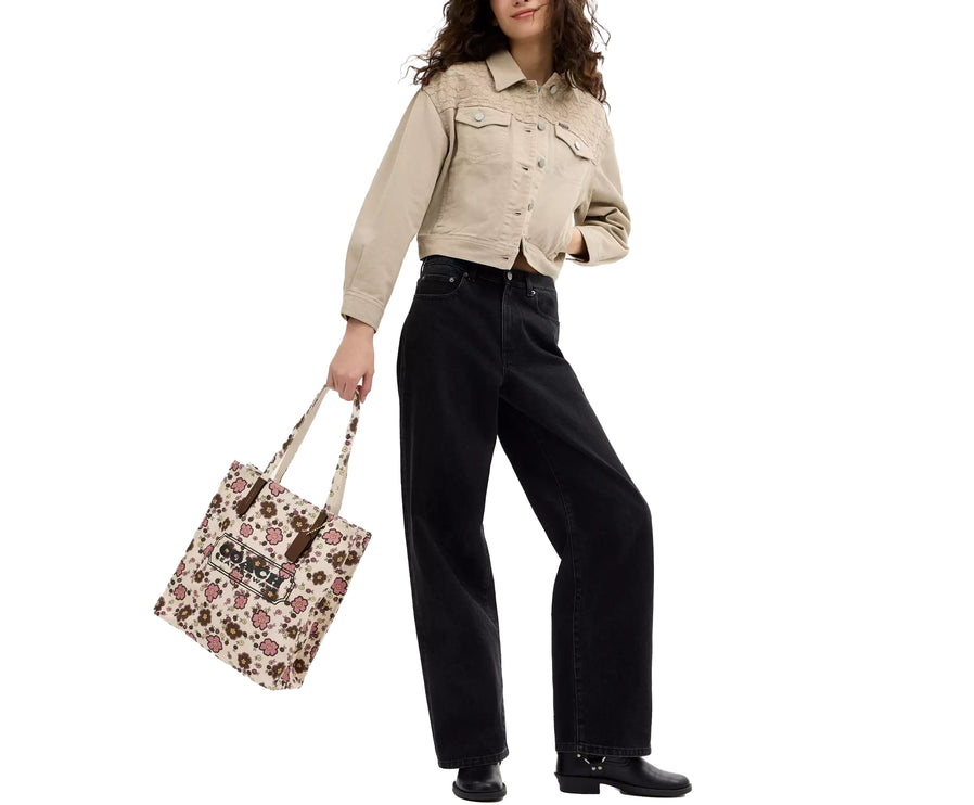 Coach Women's Canvas Tote Bag With Floral Print Gold/Chestnut Tropical Floral