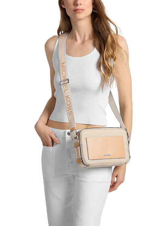 Michael Kors Women's Maeve Large Canvas Crossbody Bag Peanut/Silver